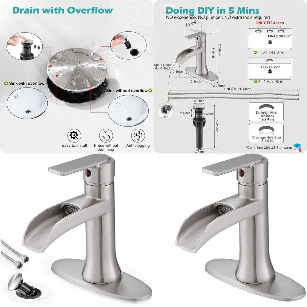 

Single Handle Brushed Nickel Waterfall Faucet with Drain and Deck Plate, 1 or 4 Hole Options for Hotel & Apartment Bathroom Sink