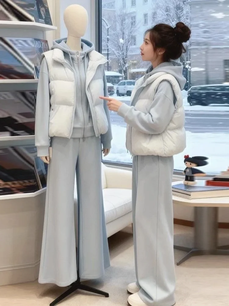 

Casual Faionable Hooded Sweatirt Vest High Waist Wide Leg Pants Tee Piece Set Warm Slimming Women's Wear for Autumn Winter