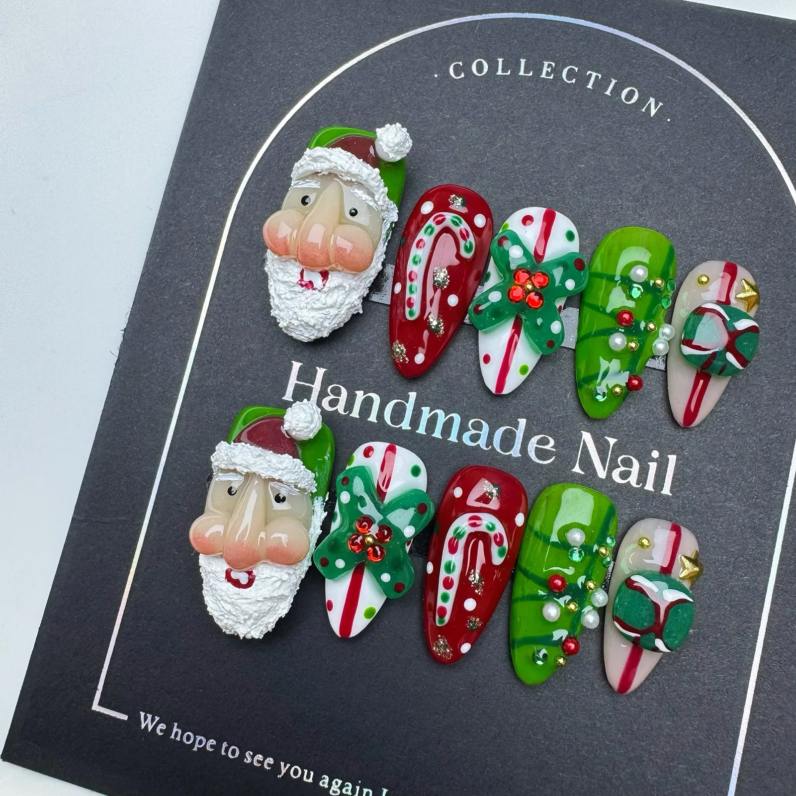 

10PCS Christmas Handmade Fake Nails with 3D Snowflake Santa Claus Design False Nails Wearable Almond Press on Nails Xmas Gift