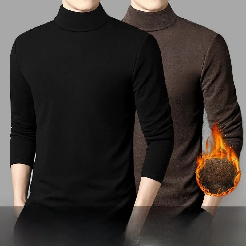 قميص رجالي بأكمام طويلة مبطن بالصوف الدافئ، قميص ضيق للعمل بياقة نصف عالية، طبقة أساسية للخريف والشتاء #3