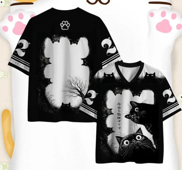 Black Surveillance Black Cat Rugby Shirt Forest Style Dead Tree 3D Printed Adult and Children's Loose Short Sleeves