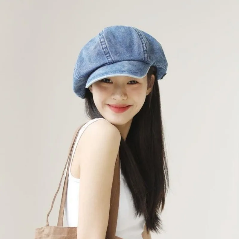 Vintage Washed Denim Newsboy Cap Women Octagonal Hat Spring Autumn Artistic Painter Berets Cap Newsboy Cap