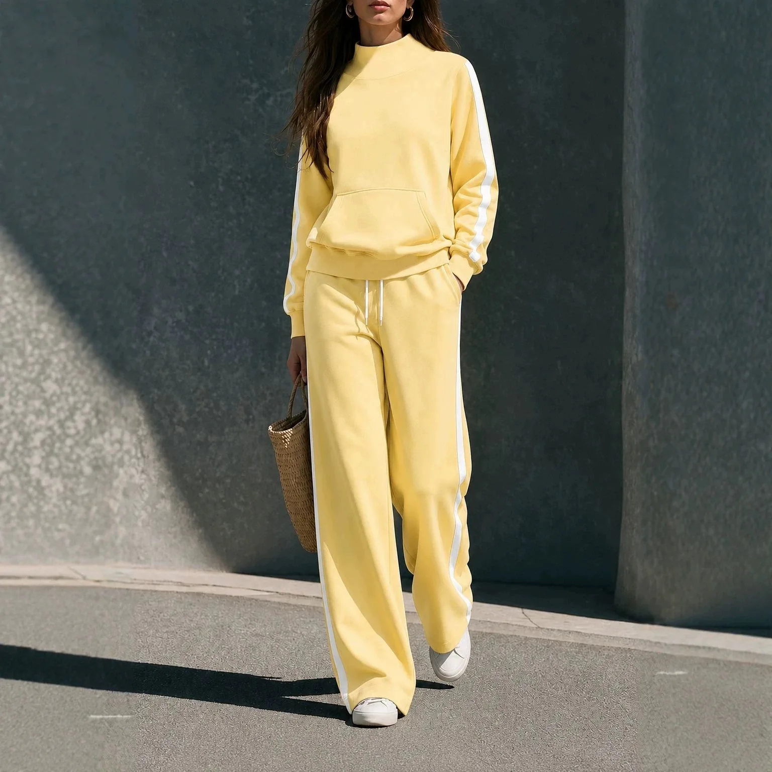 Women's Mock Neck Side Stripe Sweatset Kangaroo Pocket Sweatshirt High Waist Wide Leg Pants 2 Piece Tracksuit Matching Outfit
