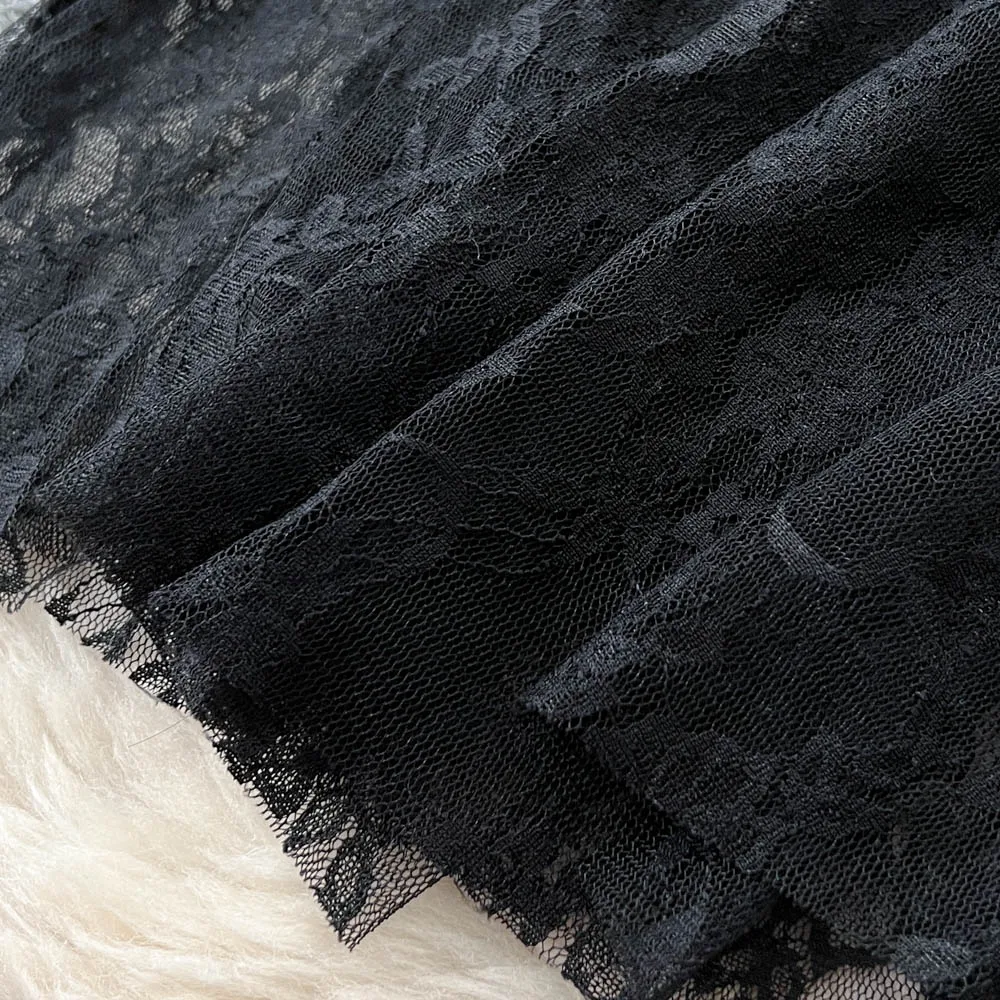 Elegancka sukienka w stylu vintage z długim rękawem i kwadratowym dekoltem, koronkowa, w stylu koreańskim, modna, słodka odzież damska.