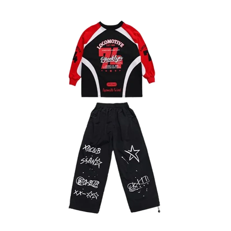 เด็กชาย Hip Hop Streetwear ชุด K-pop Contrast เสื้อกันหนาวกางเกงเด็ก Street Dance เสื้อผ้าสาวแจ๊สเครื่องแต่งกาย