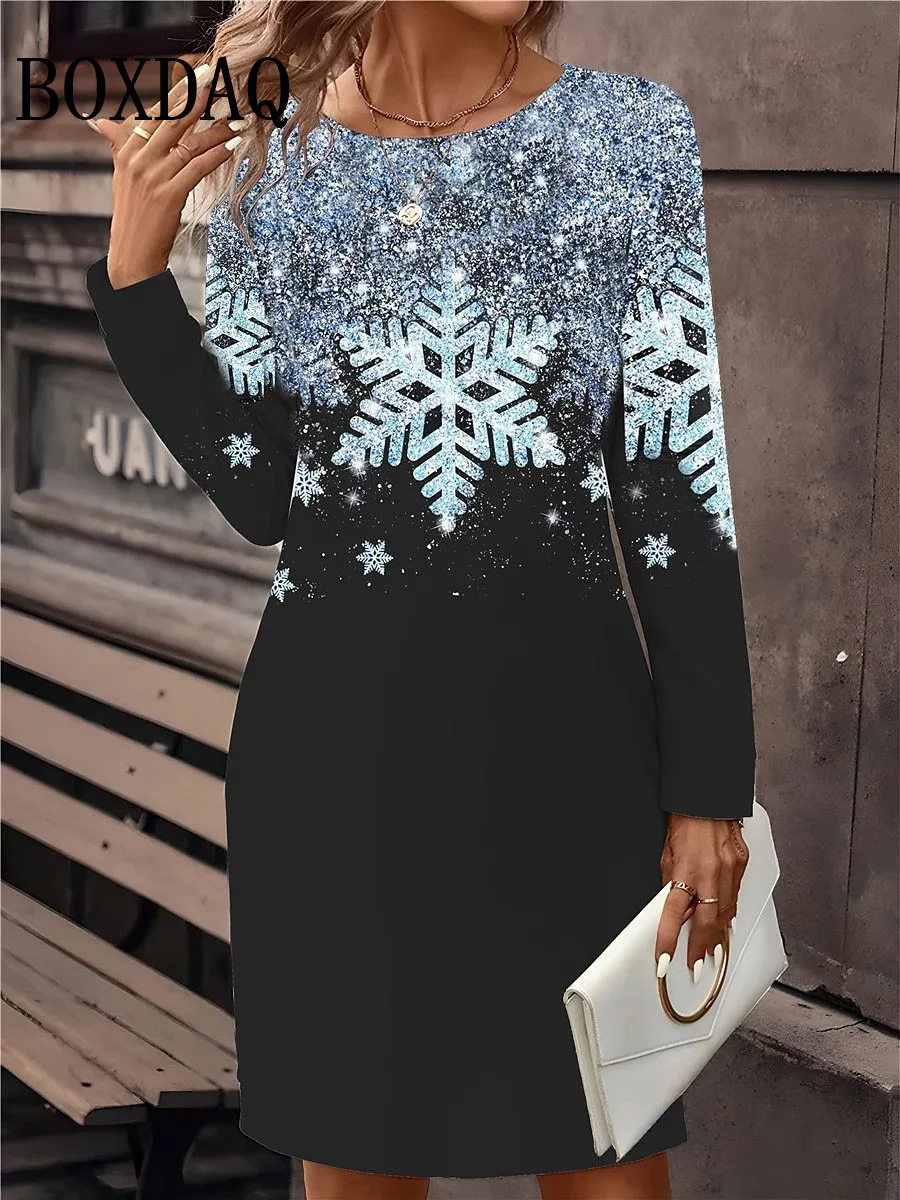 Christmas Snowflake Pattern Print Dress Women Autumn Trend Long Sleeve O-Neck Casual Mini Dress Loose Female Elegant Party Dress