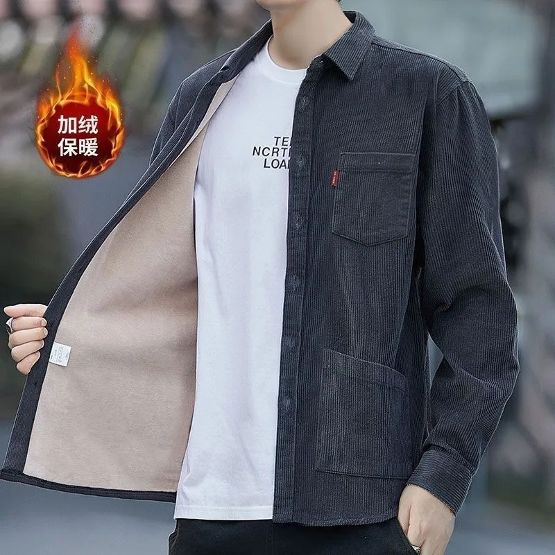 Men's Fleece Shirt Corduroy Loose Thicken Avoid Iron Vintage Lapel Big Size Tops Trendy Casual Pocket Cargo Warm Shirts Coat 5xl
