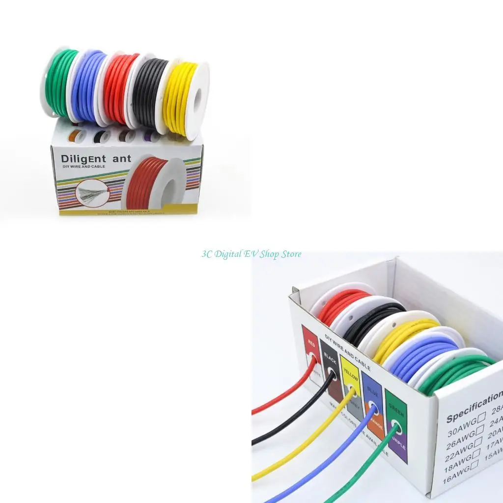 E74D 5 Spools 18AWG Tinned Copper Stranded Wire Multicolor Silicone Insulated Cord Suitable for Electronics and Models