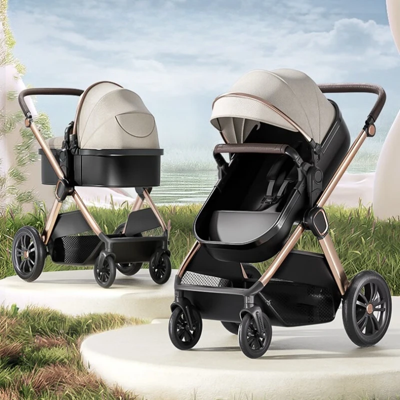 

Многофункциональная люксовая легкая коляска 2-в-1 для младенцев, двустороннее управление, регулируемая спинка, амортизация, высокая посадка