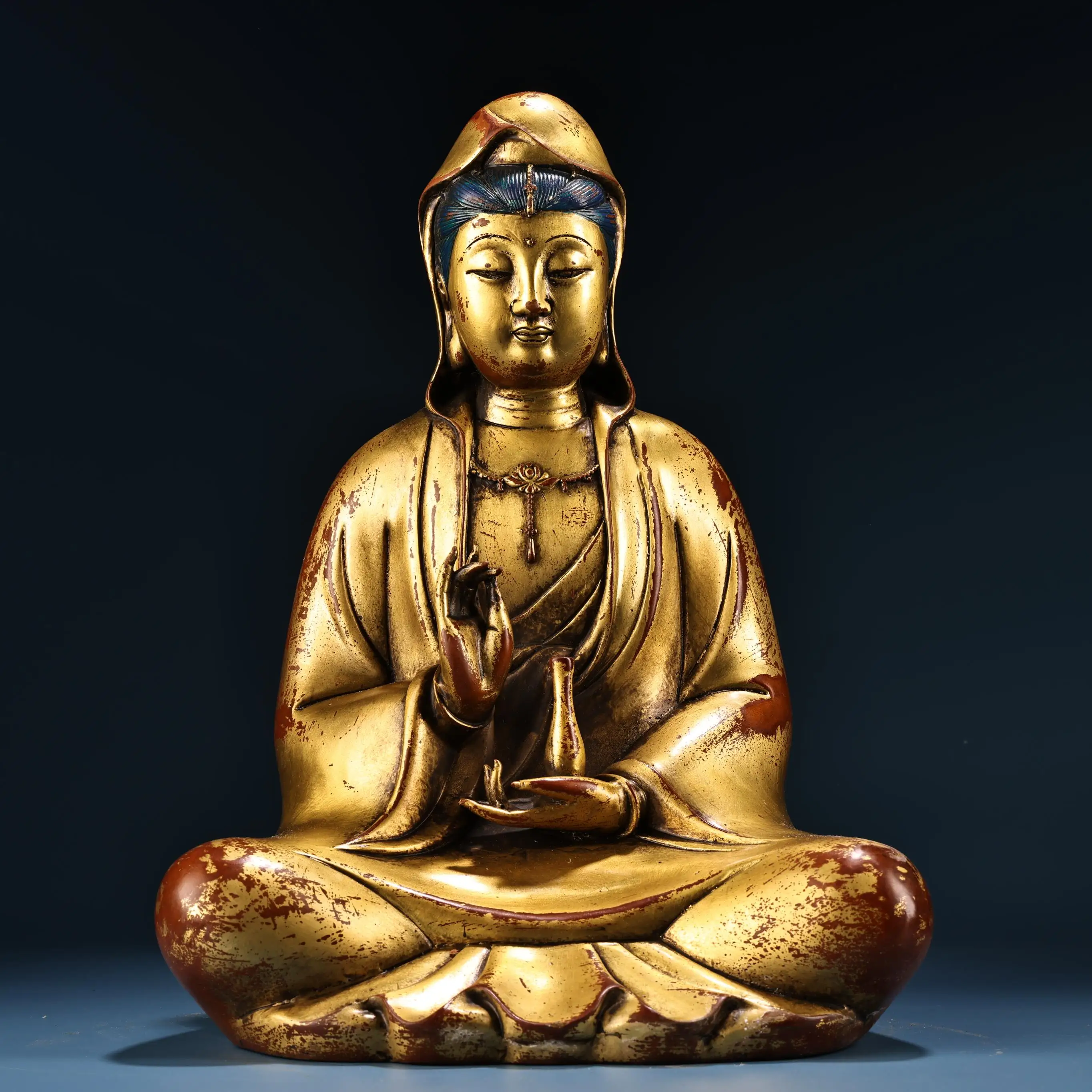 

12"Tibetan Temple Collection Old Purple Bronze Gilded High Relief Northern Wei Buddha Guanyin Bodhisattva Buddha Worship Hall
