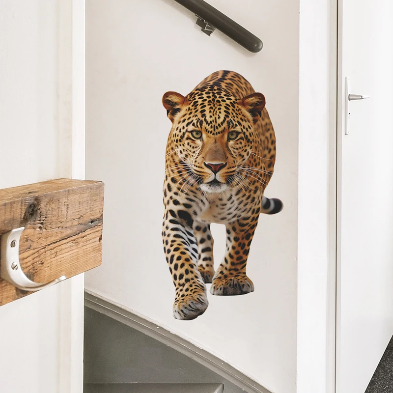 Lifelike 3D Agile Leopards Vinyl Poster Mural for Home Decoration Stickers on the Room Door Wall