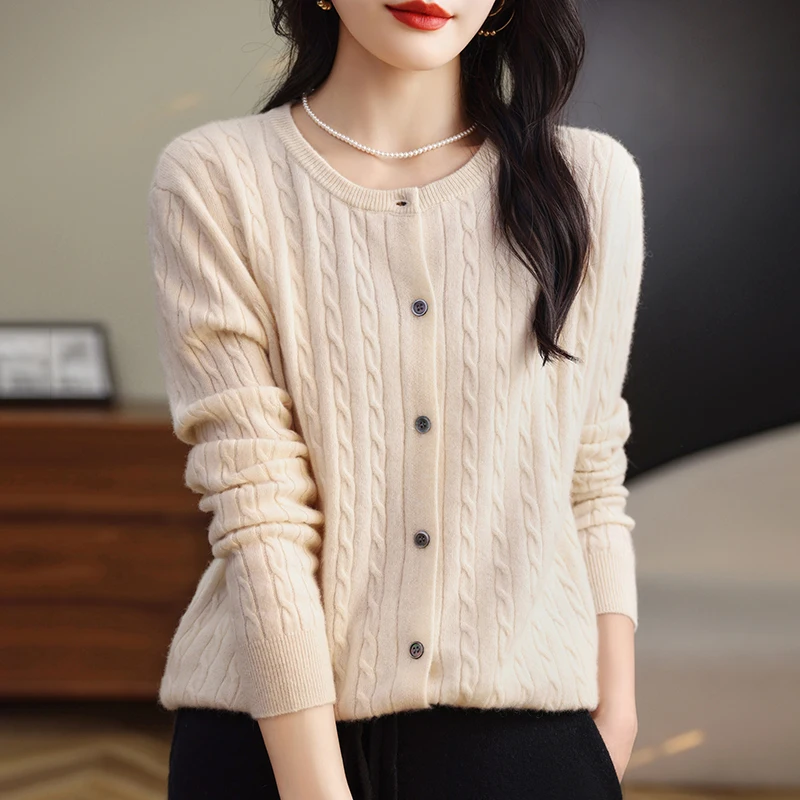 Moda Retro Twist Dzianinowy kardigan z długim rękawem Damski luźny sweter z okrągłym dekoltem Wysokiej jakości podkreślająca figura Odzież wierzchnia Top