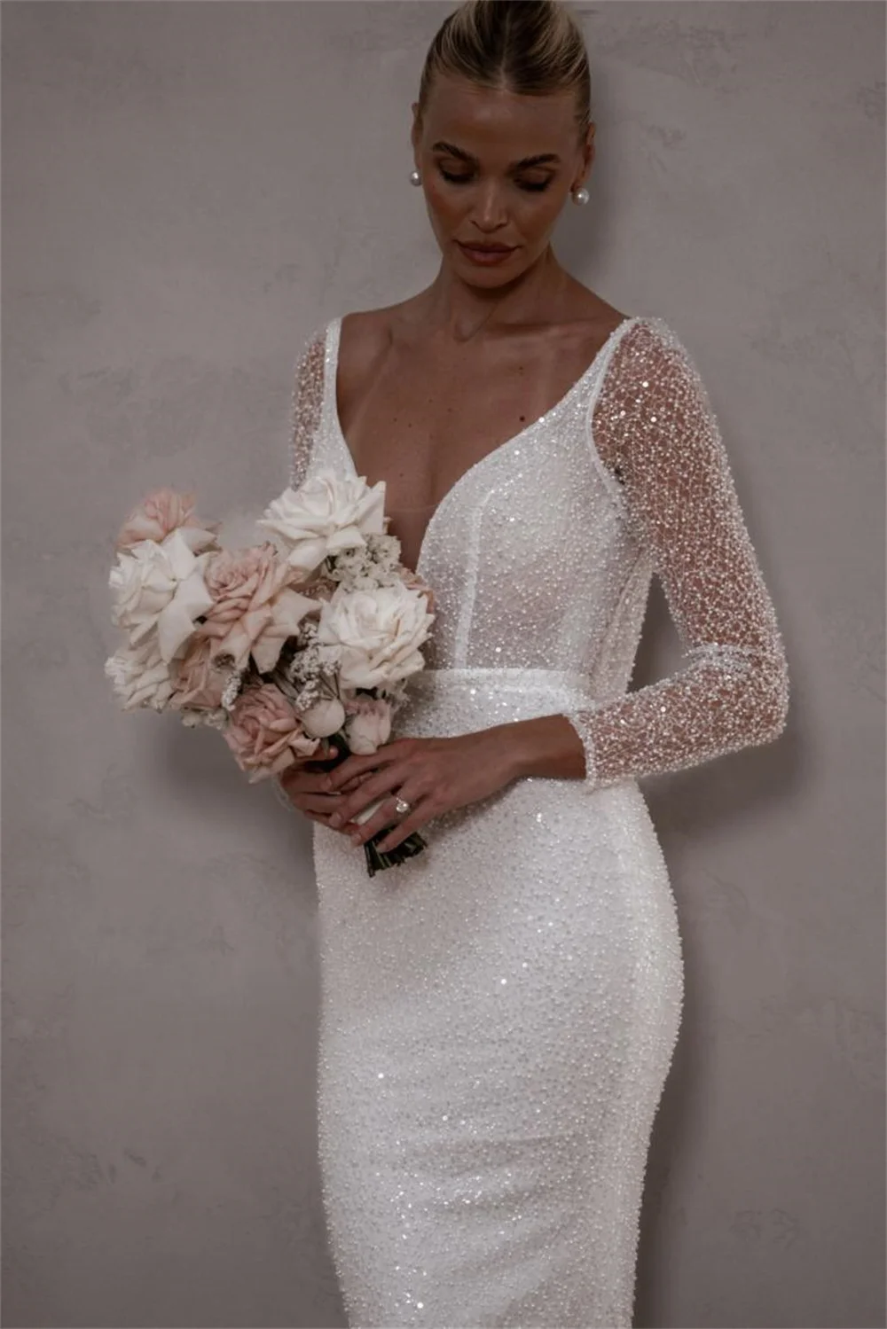 Cathy White V-neck Glitter Wedding Dresses Backless Mermaid vestidos de noche Elegant Long Sleeves Long Tail Formal Evening 2024