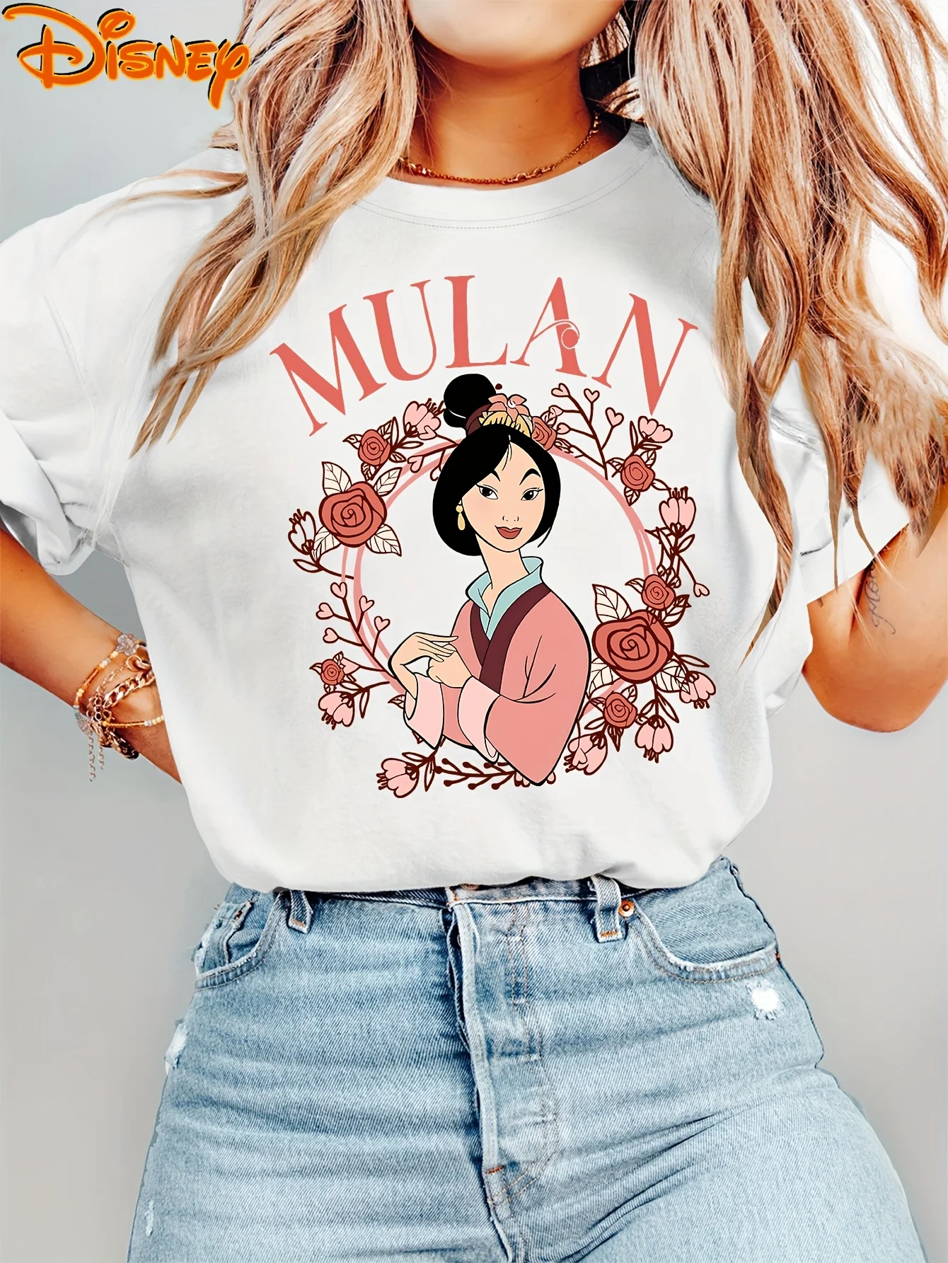 بلوزة ديزني النسائية بأكمام قصيرة، أنيقة بطباعة حروف مولان ورقبة دائرية للرجال والنساء بقاعدة قطنية لجميع المواسم #3