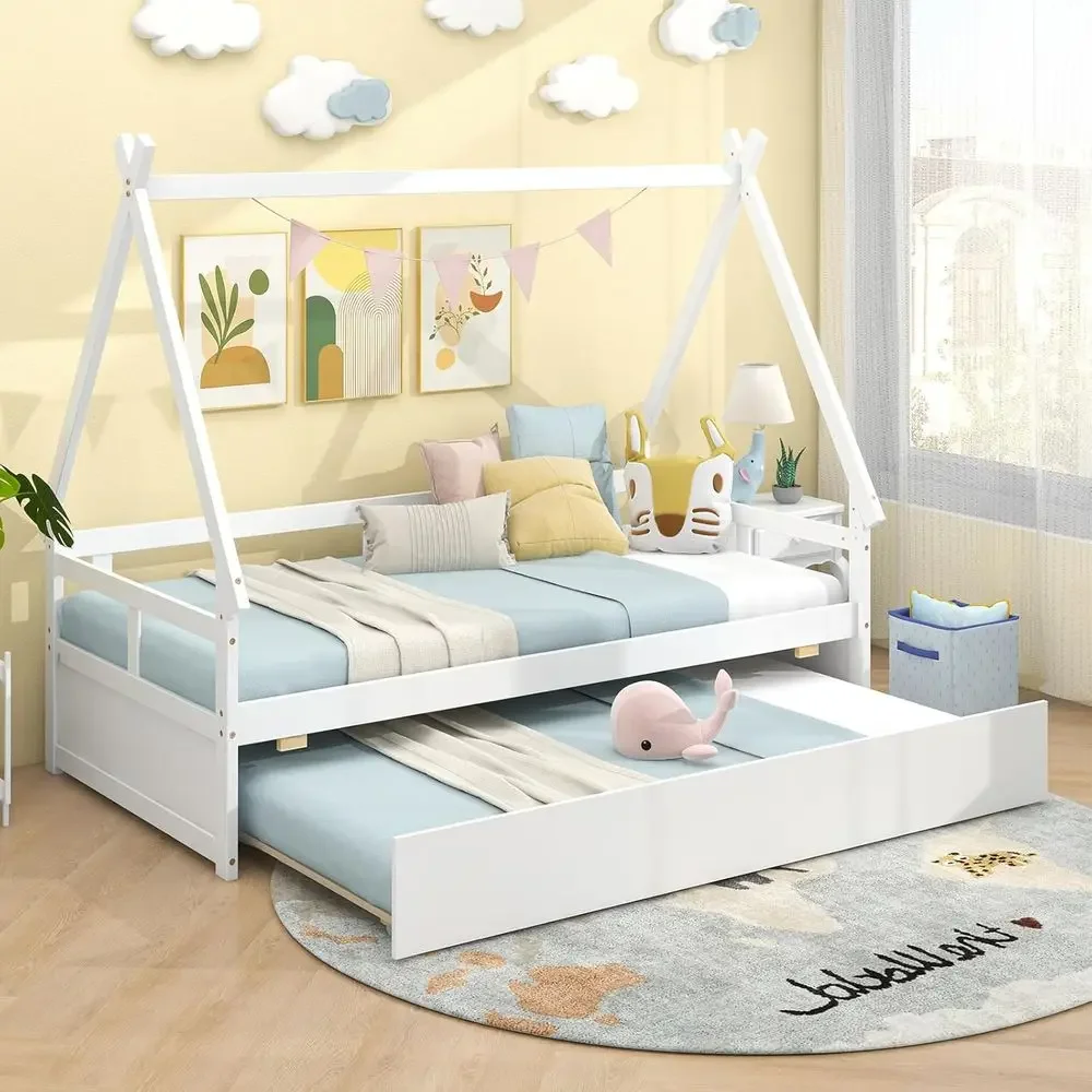 

Double Bed with Trundle, Wooden Tent Style Bed with Safety Rail, Low Loft Beds with Wood Slats, Suitable for Kids and Teens, Whi