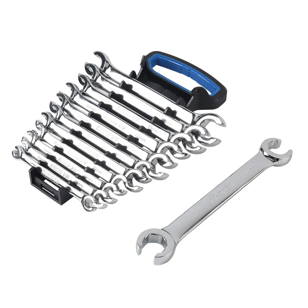 Chave inglesa com plástico Rack, Flare Nut Wrench Set, Chaves De Tubo De Óleo, 12Pcs