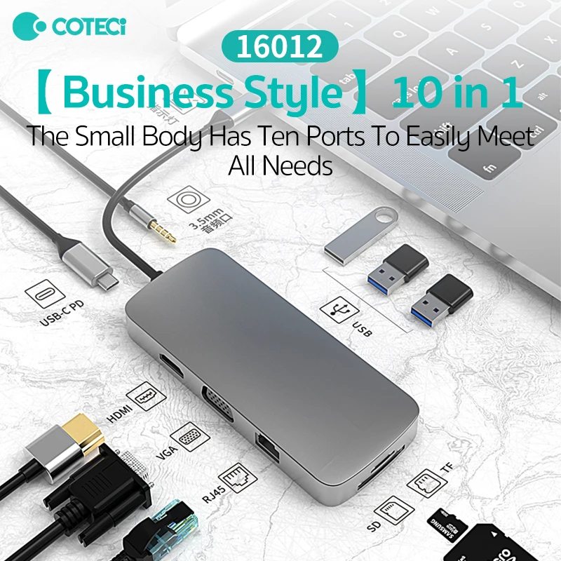 

COTECI 10 in 1 Hub Type C Docking Station 2.0/3.0 USB Adapter Multi Splitter RJ45 PD SD VGA For Macbook Samsung Mate etc