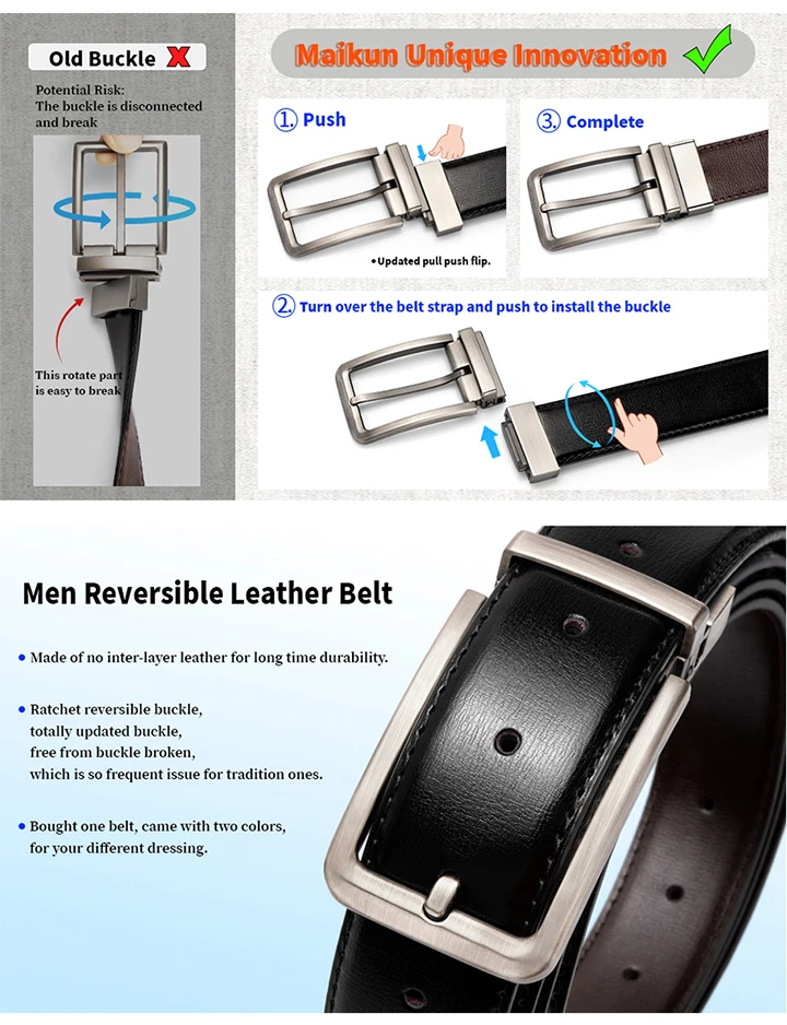 Maikun  Business Reversible Leather Belt For Men Alloy Push-in Pin Buckle Black Belts