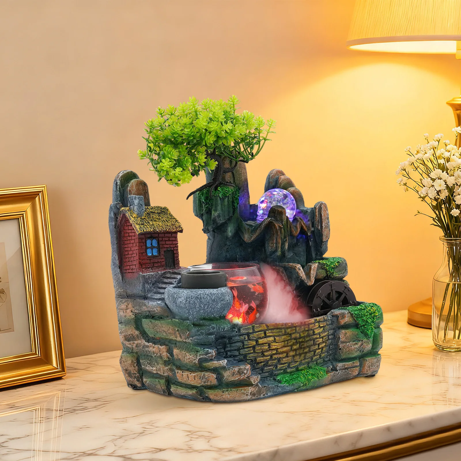 

Multicolor Tabletop Resin Water Fountains,Indoor Tabletop Fountain with LED Light 30*36cm Easy Assemble for Living Room,Corridor