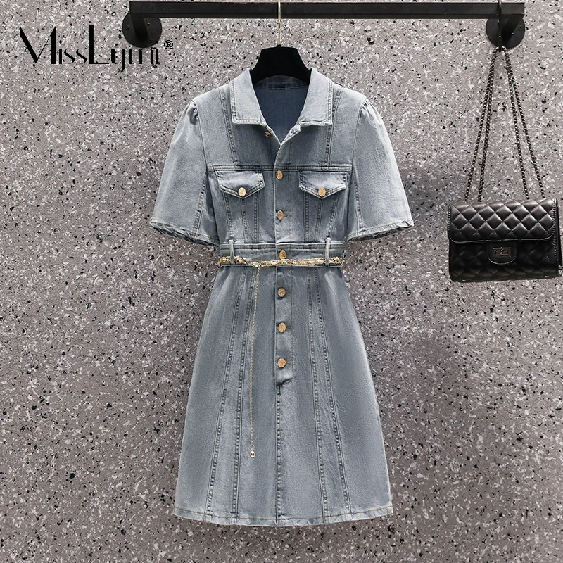 

MissLymi L-4XL Large Size 2022 Summer Women Vintage Denim Dress Turn-down Collar Short Sleeve Sashes Solid A-line Mini Vestidos