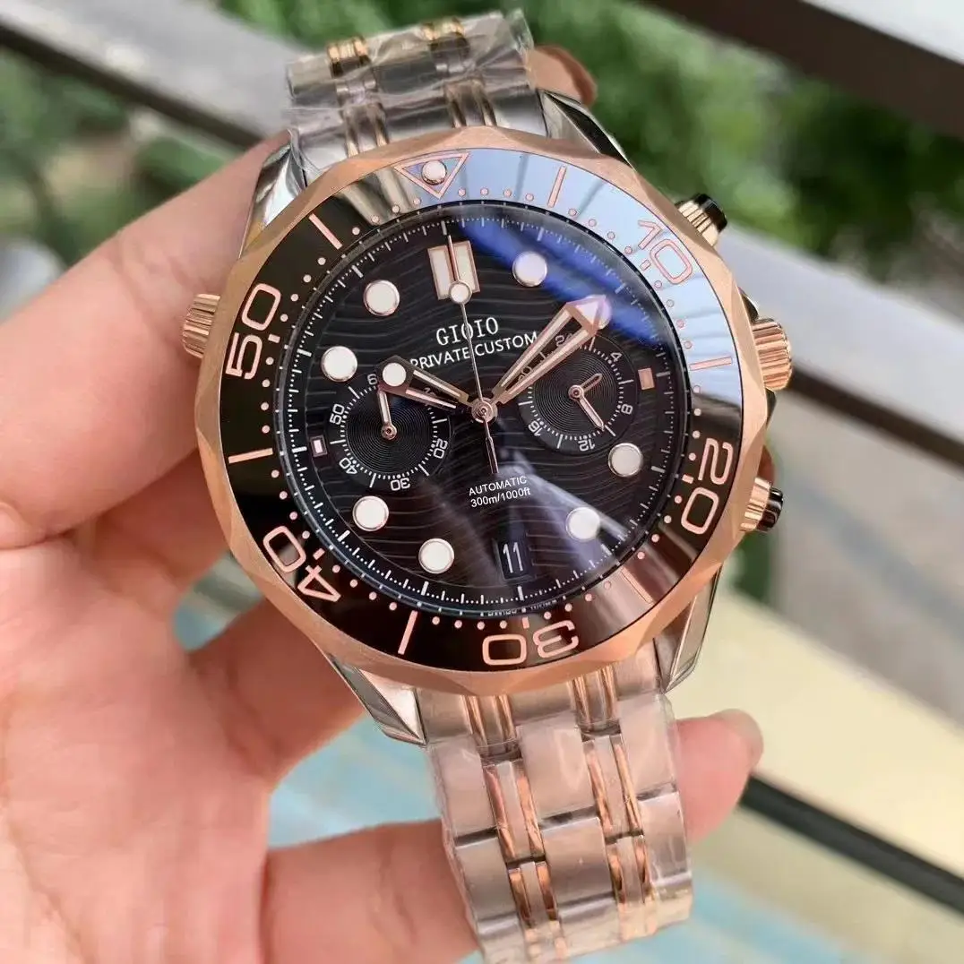 Montre chronographe à Quartz pour hommes, 44mm, haute qualité, noir, bleu, céramique, acier inoxydable, caoutchouc lumineux, or Rose