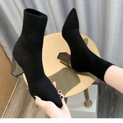 Footwear Black Pointed Toe Short Shoes for Woman Elastic Booties Sock Women's Ankle Boots Pu Trend 2024 High Quality Hot