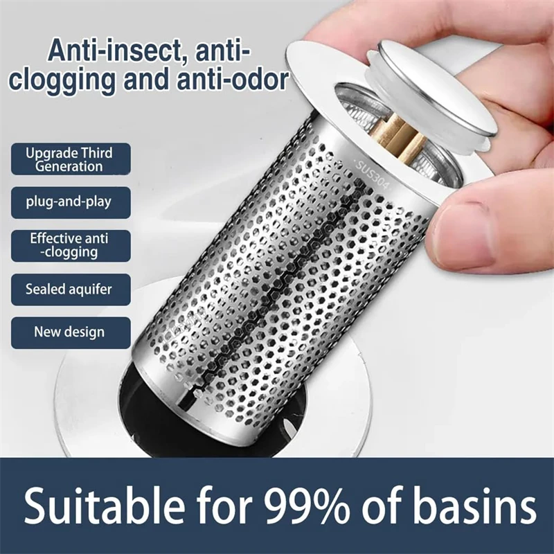 Sink Drain Strainer Stainless Steel Pop-Up Wash Basin Leak Plug Anti-Odor Bouncing Core Sink Stopper Filter Bathroom Accessories