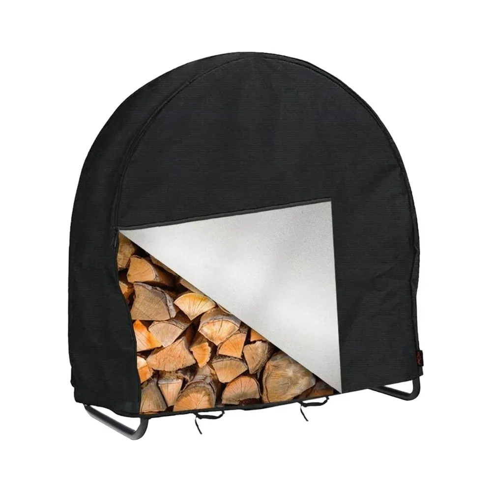 Waterproof Firewood Rack Cover 420D Oxford Fabric With Mesh Vents And Elastic Hem For Outdoor Log Storage Protection Black