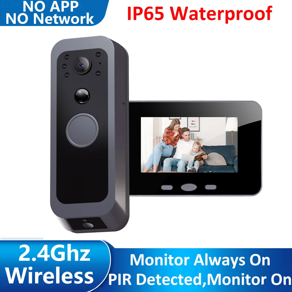 2.4G Wireless PIR Automatic Recording Two Way Audio Video Visual Intercom IP65 Outdoor Waterproof Doorbell Camera with 4