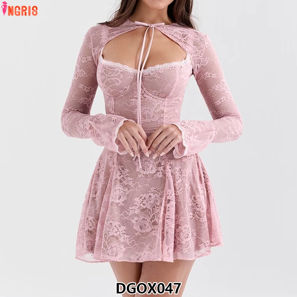 

Spring 2025 Womens Clothing Fashion pink Long Sleeve Casual Dresses Elegant Women Fashion Short Dresses-DGOX047