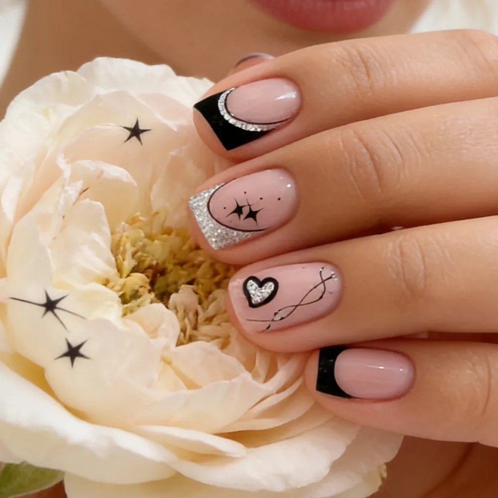 Short Square fake nails for women girls cute heart star design for Valentine's Day silver glitter french nail tips press on nail