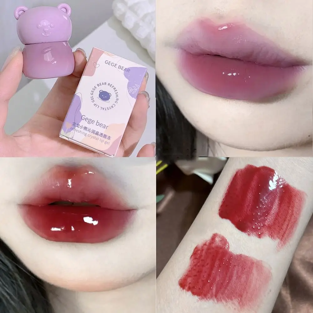 Esmalte de labios de oso rechoncho impermeable, 4 colores, hidratante, enlatado, brillo de labios de espejo, lindo lápiz labial de luz de agua rosa púrpura