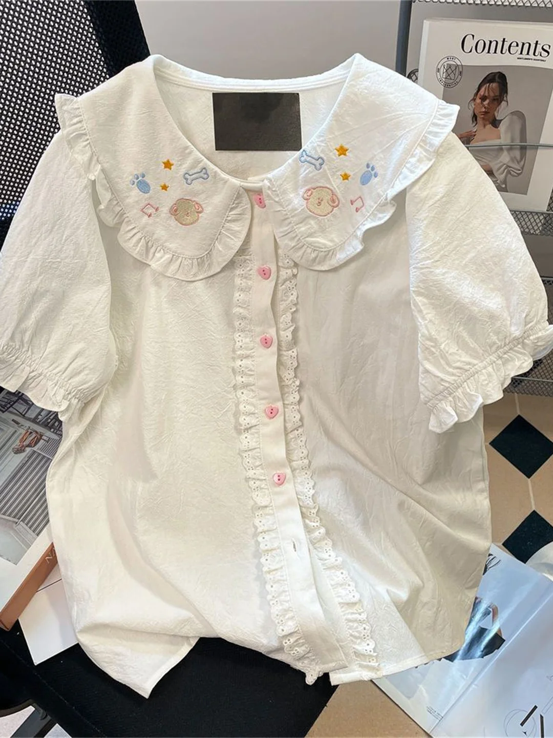 

Женская блузка в стиле Лолита с коротким рукавом, милая и нежная, с воротником-куклой, в корейском стиле, для повседневной носки