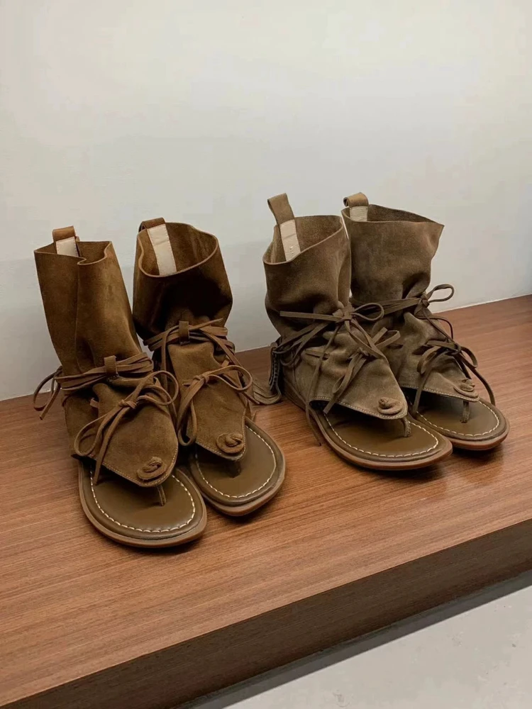 

Casual round Toe Fringe Tie Roman Sandals Leather Version Summer Short Boots Youth Daily Low Heel Thick Bottom Color