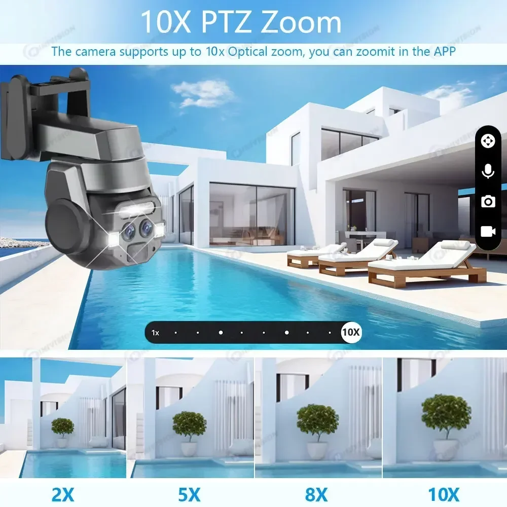 4K 8MP Dual-Lens Wi-Fi PTZ Security Camera With 10X Optical Zoom High-Speed 360° Pan & 90° Tilt Auto Tracking Color Night Vision