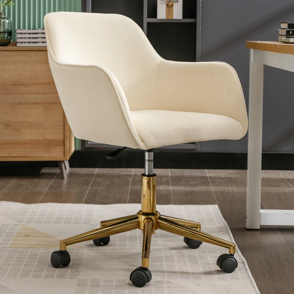 Office Chairs Modern Velvet Adjustable Height 360 °Home Office Chair with Gold Metal Legs and Universal Wheels for Indoor,Yellow