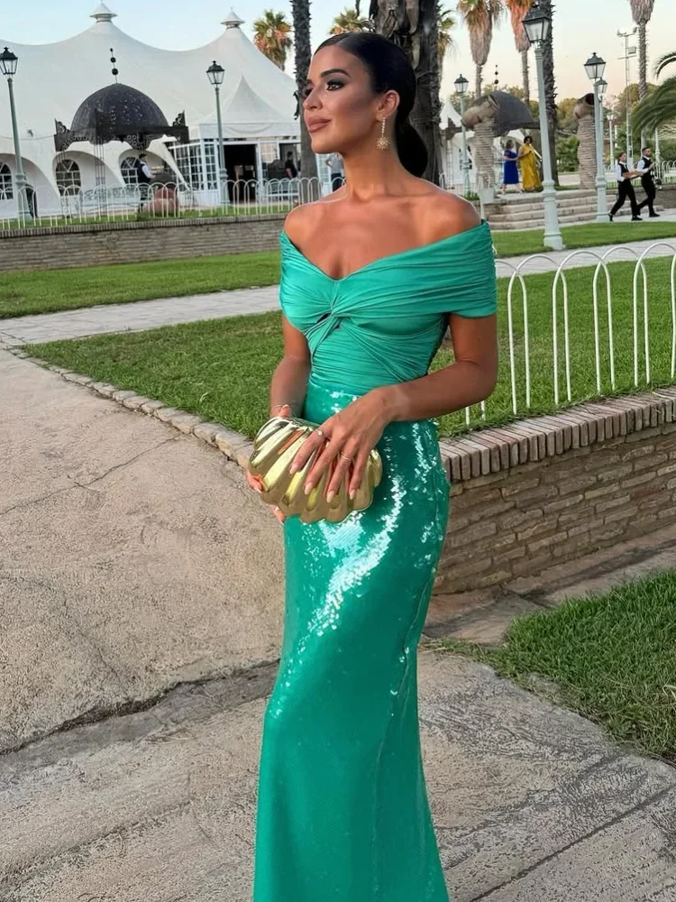 ชุดเดรสผู้หญิงแขนกุดประดับเลื่อมจีบระบาย สีเขียวหรูหรา เปิดไหล่ สายเดี่ยว สำหรับงานกลางคืนหรืองานปาร์ตี้