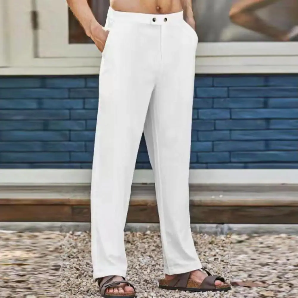 Mid Waist  Chic Pure Color Wear-resistant Men Trousers Button Summer Pants Long   Daily Clothes