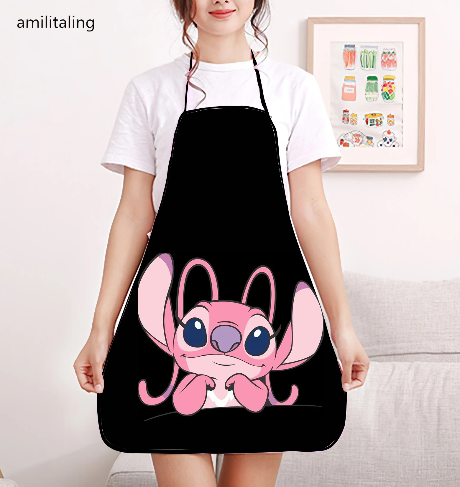 Disney Stitch Cute Cartoon Print Bib Apron - Adjustable One Size Design, Waterproof and Durable Polyester Material