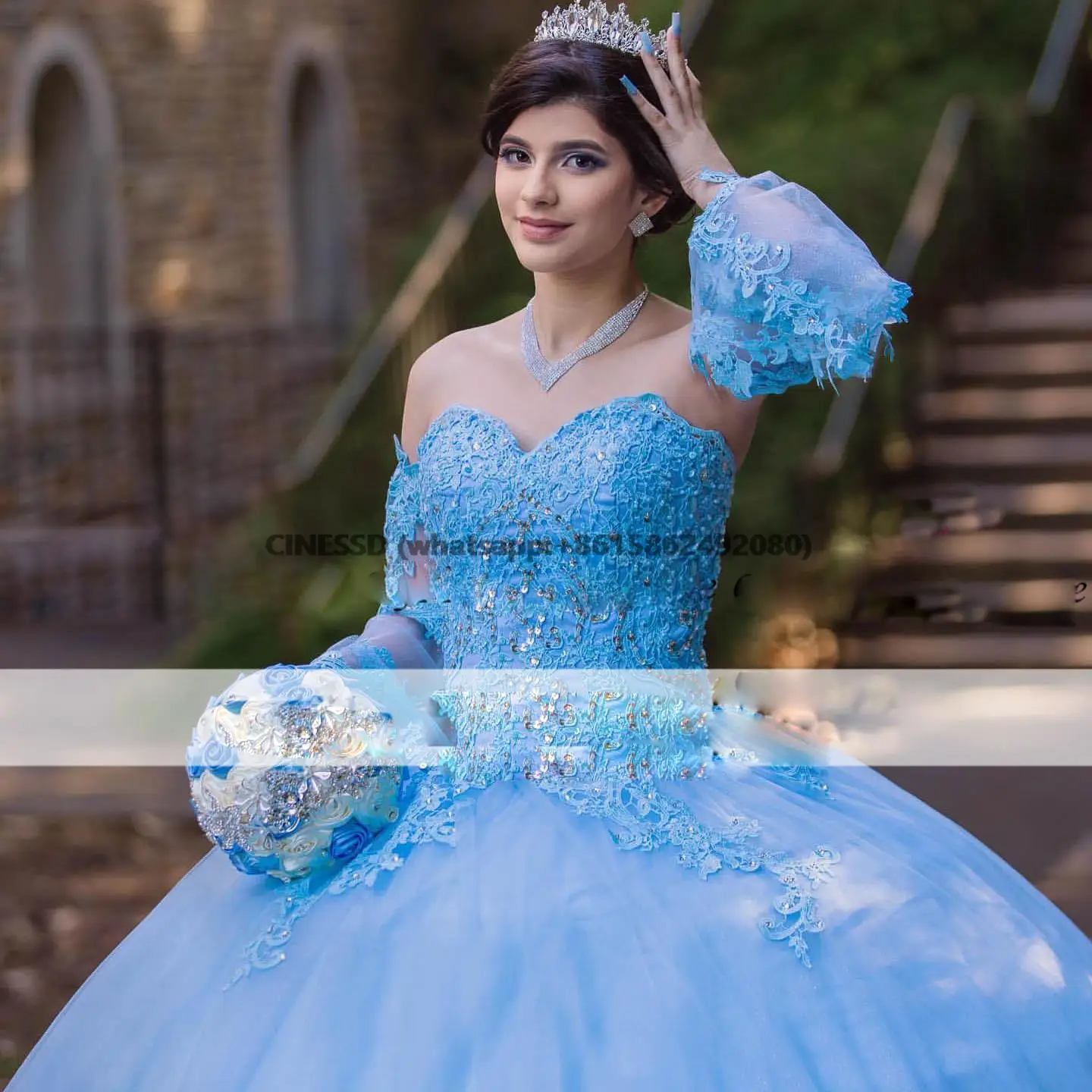 فساتين Quinceanera زرقاء سماوية للفتيات ، زهور زهرية ، ملابس حفلات موسيقية لأعياد الميلاد المكسيكية ، 15 سنة ،