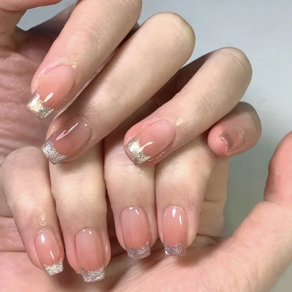 

24PCS French Nude Fake Nails Sparkling Gold Glitter Design Short Square Fake Nails Acrylic Wearable Ballet Nail Art
