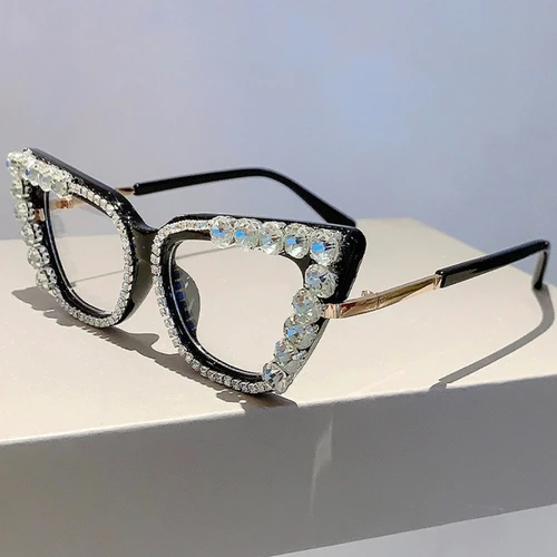 Imagen 2 del producto Gafas de ojo de gato con decoración de diamantes para mujer, lentes clásicas lisas con bloqueo de luz azul a la moda, protección ocular para juegos de ordenador
