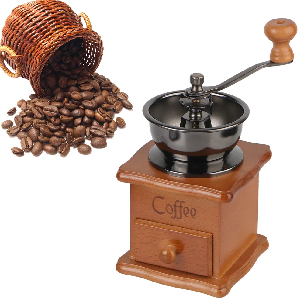 With Ceramic Millston Spice Burr Mill Coffee Manual Coffee Bean Grinder Retro Style Wooden Utensils Stainless Steel Handle Mini