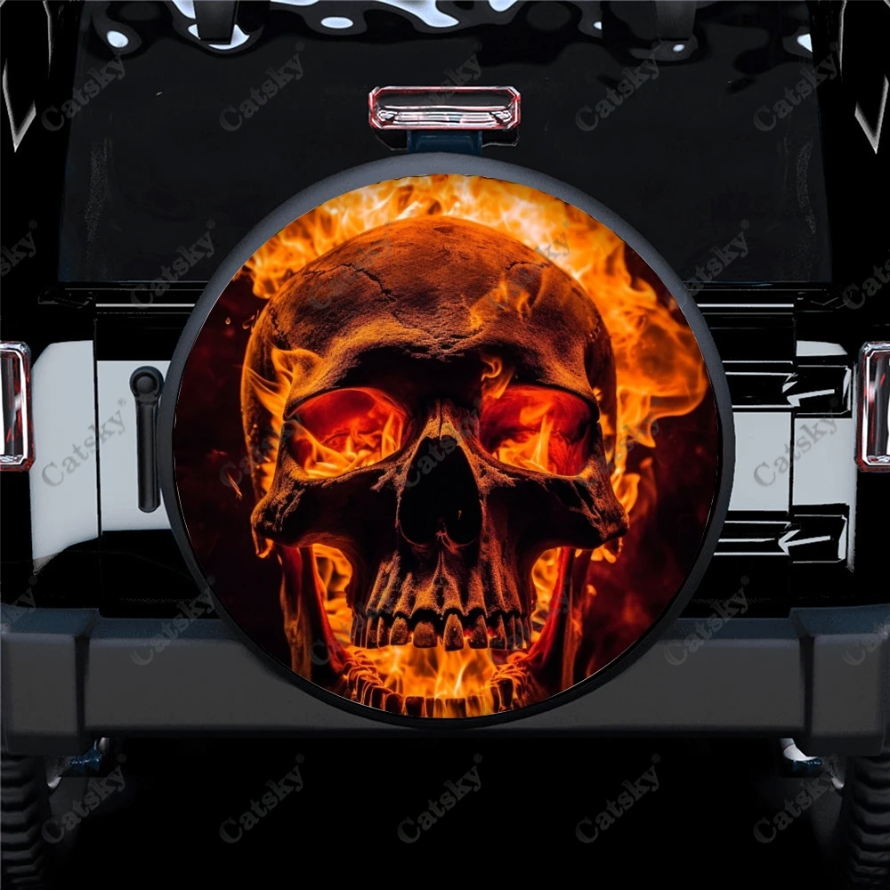 Spooky Scary Burning Skull Polyester Universal Spare Wheel Tire Cover Custom Tire-Covers for Trailer RV SUV Truck Camper