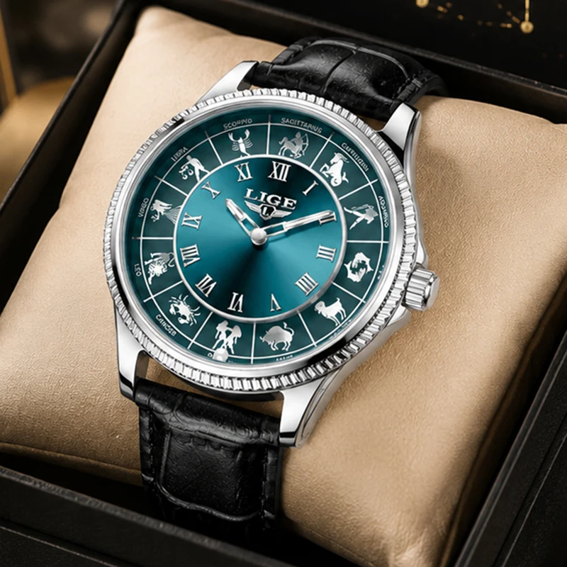 

LIGE New Zodiac Constellation Watch Men Blue Dial Roman Numerals Men's Quartz Watches Fashion Leather Birthday Gift Wristwatch