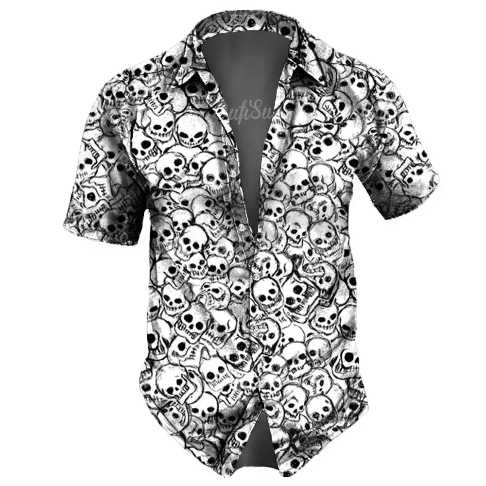 Men\'s casual Hawaiian lapel 3D horror skull retro printed button short sleeved shirt