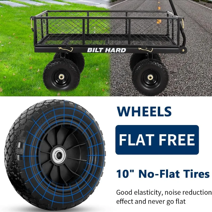 Garden cart with 400 lbs capacity, 10 rubber tires, steel frame, black finish, 180 rotating handle and removable sides for vers