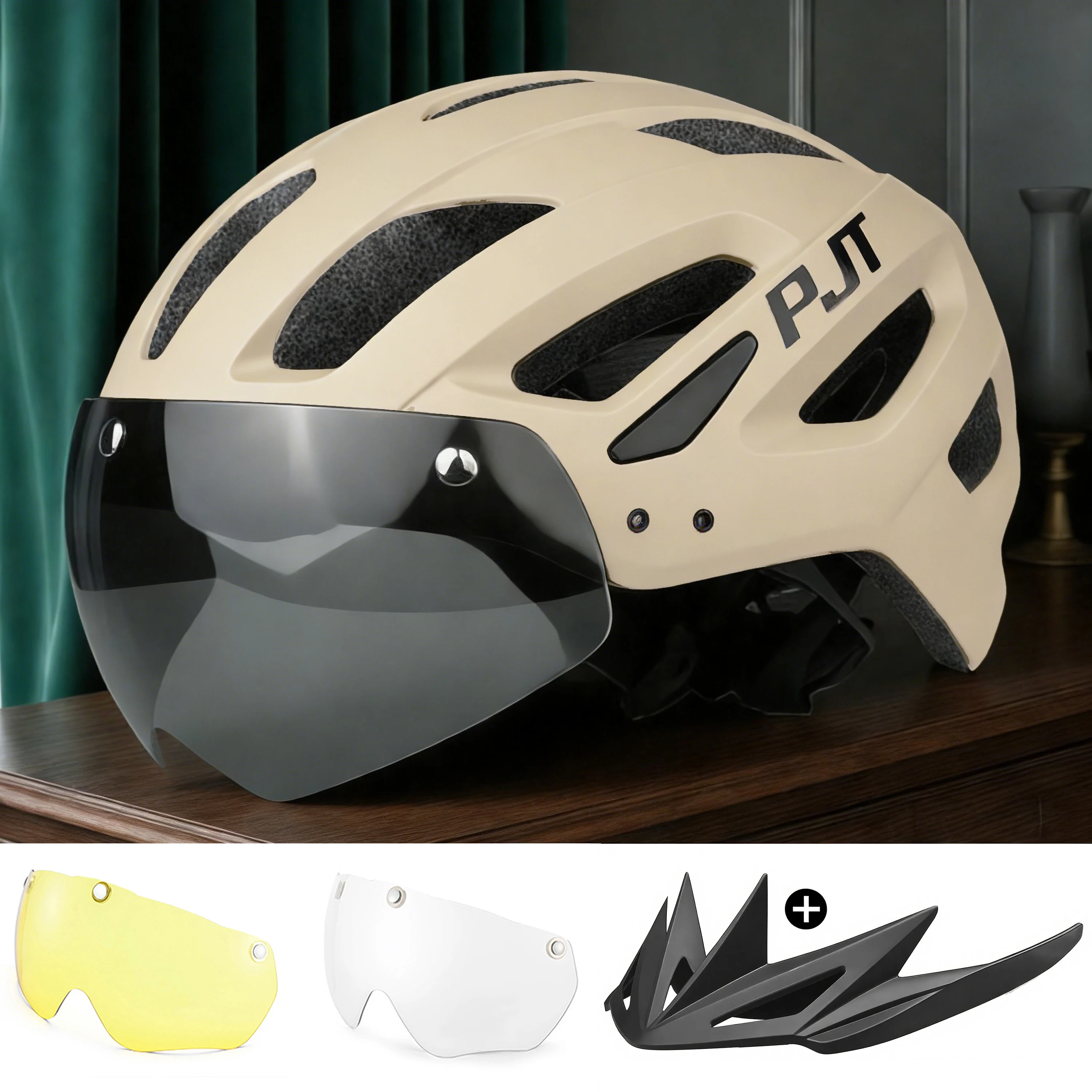 PJT Neuer Fahrradhelm mit Licht für Straße und MTB, Mountainbike-Brille / Sonnenschutz-Helm L für Männer und Frauen, Fahrradhelm mit Sonnenschutz