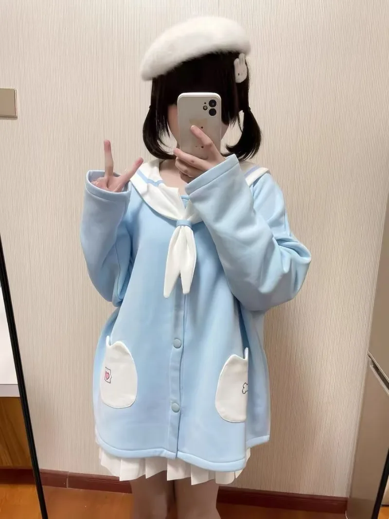 Sudaderas con capucha de cuello marinero de orejas largas de conejo Kawaii para mujer, sudaderas lindas de estilo Lolita japonés, jerséis sueltos de