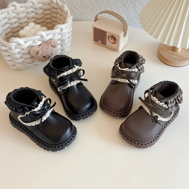Retro-Stiefeletten für Mädchen mit Karomuster, Spitze und Rüschen, Schleifendekor, Klettverschluss, dicke, gezackte, rutschfeste Sohle, für Kleinkinder, Prinzessinnen-Stil – Detail 2